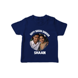 Happy Rakhi Cute Kids Print TShirt – boy-girl sitting and tying rakhi illustration. - NAVY BLUE - 0-5 Months Old (Chest 17")