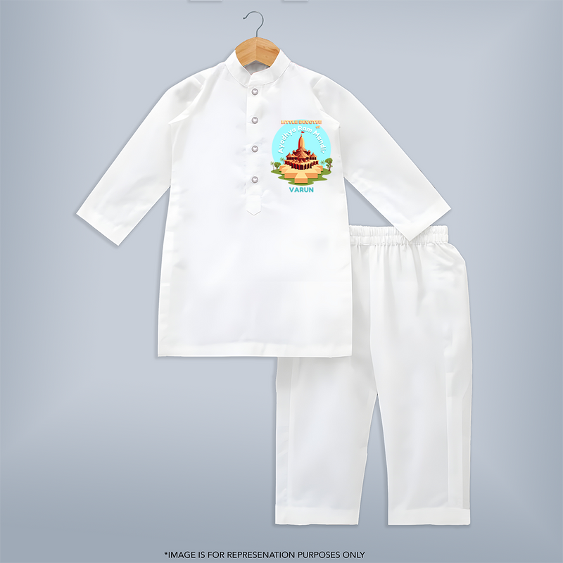 Celebrate tradition in style with our 'Little Devotee of Ayothya Ram Mandir' Customised Kurta Set for Kids - WHITE - 0 - 6 Months Old (Chest 22", Waist 18", Pant Length 16")