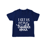 I Get Us Out Of Trouble T-shirt | Personalized T-shirt for the Mischievous One - NAVY BLUE - 0-5 Months Old (Chest 17")