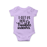 I Get Us Into Trouble Romper | Custom Romper for the Little ones - LILAC - New Born (Chest 14")