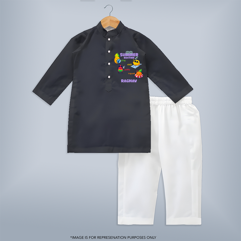 Chase rainbows in our "Summer Routine Play, Chill, Selfie, Repeat" Customized Kids Kurta set - DARK GREY - 0 - 6 Months Old (Chest 22", Waist 18", Pant Length 16")