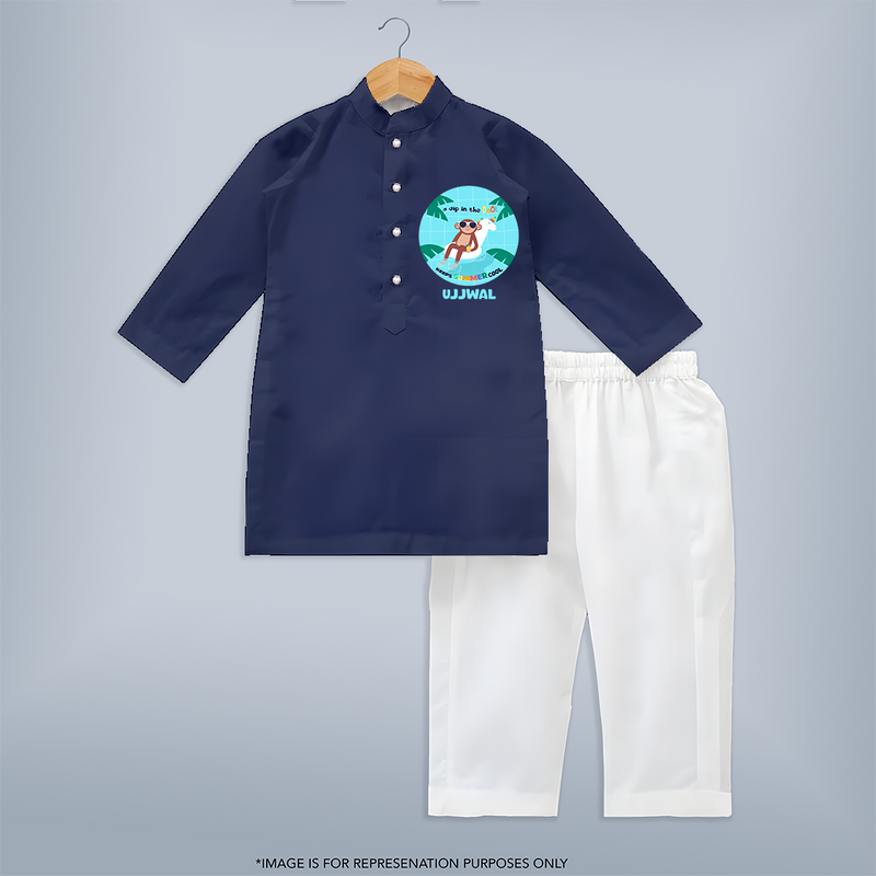 Explore nature's wonders in our "A Dip in the Pool & Keeps Summer Cool" Customized Kids Kurta set - NAVY BLUE - 0 - 6 Months Old (Chest 22", Waist 18", Pant Length 16")