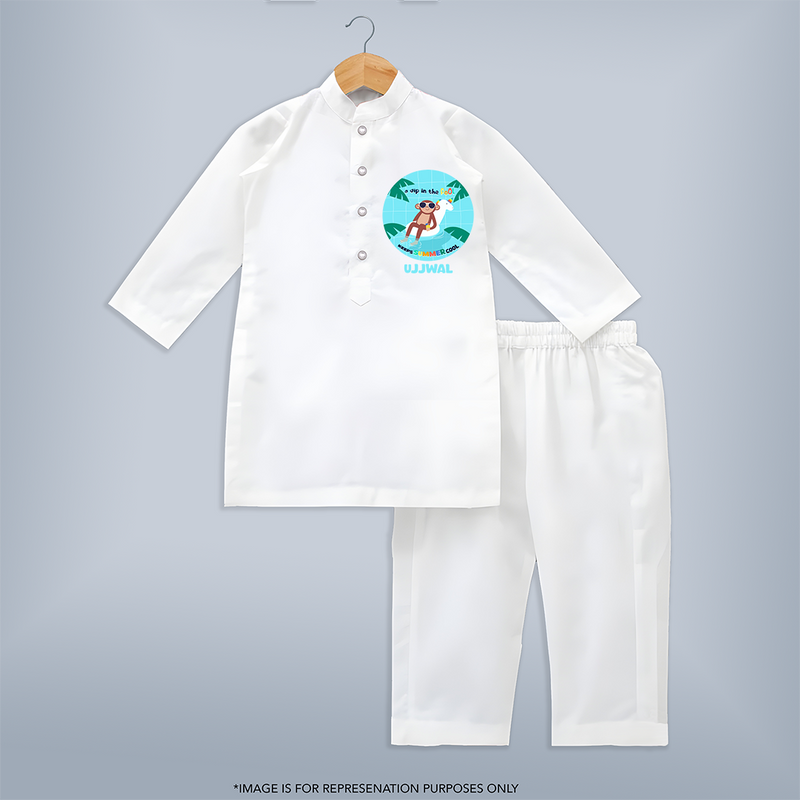Explore nature's wonders in our "A Dip in the Pool & Keeps Summer Cool" Customized Kids Kurta set - WHITE - 0 - 6 Months Old (Chest 22", Waist 18", Pant Length 16")