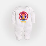 Little Captain America Sleep Suit / Full Sleeve Bodysuit | Personalized Sleep Suit / Full Sleeve Bodysuit for Baby Heroes - WHITE - New Born (Chest 7.5")