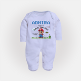 Little Mario Sleep Suit / Full Sleeve Bodysuit | Personalized Baby Sleep Suit / Full Sleeve Bodysuit for Little Game Heroes - BABY BLUE - New Born (Chest 7.5")