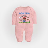 Little Mario Sleep Suit / Full Sleeve Bodysuit | Personalized Baby Sleep Suit / Full Sleeve Bodysuit for Little Game Heroes - BABY PINK - New Born (Chest 7.5")