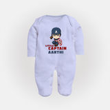 Little Captain America Sleep Suit / Full Sleeve Bodysuit | Personalized Baby Sleep Suit / Full Sleeve Bodysuit for Little Heroes - BABY BLUE - New Born (Chest 7.5")