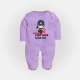 Little Captain America Sleep Suit / Full Sleeve Bodysuit | Personalized Baby Sleep Suit / Full Sleeve Bodysuit for Little Heroes - LILAC - New Born (Chest 7.5")