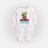 Little Avengers Leader Sleep Suit / Full Sleeve Bodysuit | Custom Baby Sleep Suit / Full Sleeve Bodysuit for Little Heroes - WHITE - New Born (Chest 7.5")