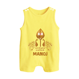 Vel Symbol Murugan – Name Customised Kids Romper Suit - PASTEL YELLOW - 0 - 5 Months Old (Chest 18")