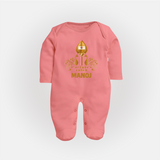Vel Symbol Murugan – Name Customised Kids Fullbody Suit - PEACH - New Born (Chest 7.5")