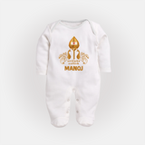 Vel Symbol Murugan – Name Customised Kids Fullbody Suit - WHITE - New Born (Chest 7.5")