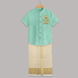 Vel Symbol Murugan – Name Customised Kids Shirt and Dhoti - AQUA GREEN - 0 - 6 Months Old (Chest-23") (Dhoti length-14")