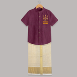 Aarupadai Veedu Murugan – Name Personalised Kids Shirt and Dhoti - WINE - 0 - 6 Months Old (Chest-23") (Dhoti length-14")