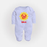 Om Murugan Vel Symbol – Name Personalised Kids Fullbody Suit - BABY BLUE - New Born (Chest 7.5")