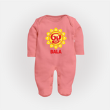 Om Murugan Vel Symbol – Name Personalised Kids Fullbody Suit - PEACH - New Born (Chest 7.5")