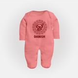 Om Murugan Traditional Mandala – Name Personalised Kids Fullbody Suit - PEACH - New Born (Chest 7.5")