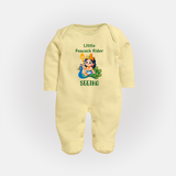 Little Peacock Rider Sleep Suit | Custom Baby Sleep Suit for Murugan's Divine Ride - PASTEL YELLOW - New Born (Chest 7.5")