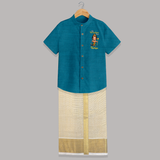 Little Surapadman Slayer Shirt And Dhoti | Personalized Baby Shirt And Dhoti for Murugan's Heroic Deeds - PEACOCK BLUE - 0 - 6 Months Old (Chest-23") (Dhoti length-14")