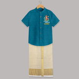 Yamiruka Bhayam Yen Shirt And Dhoti | Custom Shirt And Dhoti for Murugan's Blessings - PEACOCK BLUE - 0 - 6 Months Old (Chest-23") (Dhoti length-14")