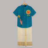 Muruga Divine Blessings Shirt and Dhoti | Auspicious Attire for Sacred Moments - PEACOCK BLUE - 0 - 6 Months Old (Chest-23") (Dhoti length-14")