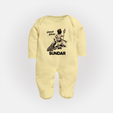 Little Murugan Devotee – Name Personalised Kids Fullbody Suit - PASTEL YELLOW - New Born (Chest 7.5")