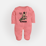 Little Murugan Devotee – Name Personalised Kids Fullbody Suit - PEACH - New Born (Chest 7.5")
