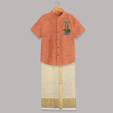 Divine Muruga Illustration Personalised Kids Shirt and Dhoti - ORANGE - 0 - 6 Months Old (Chest-23") (Dhoti length-14")