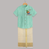 Little Murugan on Peacock – Name Personalised Kids Shirt and Dhoti - AQUA GREEN - 0 - 6 Months Old (Chest-23") (Dhoti length-14")