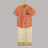 Little Murugan on Peacock – Name Personalised Kids Shirt and Dhoti - ORANGE - 0 - 6 Months Old (Chest-23") (Dhoti length-14")