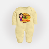 My First Puthandu Personalized Baby Full Body Suit – Traditional Tamil New Year Outfit - PASTEL YELLOW - New Born (Chest 7.5")
