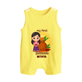 My First Puthandu Personalized Button Romper – Cultural Baby Girl Outfit - PASTEL YELLOW - New Born (Chest 18")