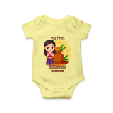 My First Puthandu Personalized Baby Romper – Cultural Baby Girl Outfit - PASTEL YELLOW - New Born (Chest 14")