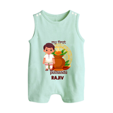 My First Puthandu Personalized Button Romper – Traditional South Indian Outfit - MINT GREEN - New Born (Chest 18")