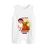 My First Puthandu Personalized Button Romper – Traditional South Indian Outfit - WHITE - New Born (Chest 18")