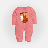 My First Puthandu Personalized Baby Full Body Suit – Traditional South Indian Outfit - PEACH - New Born (Chest 7.5")