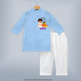 Ugadi Cutie in the House Boy Illustration – Personalized Kurta - BABY BLUE - 3 - 6 Months Old (Chest 24", Kurta Length 14'', Waist 19", Pant Length 14")