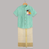 Ugadi Cutie in the House Boy Illustration – Personalized Shirt and Dhoti - AQUA GREEN - 0 - 6 Months Old (Chest-23") (Dhoti length-14")