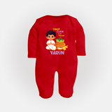 Ugadi Cutie in the House Boy Illustration – Personalized Baby Fullbody Suit - RED - New Born (Chest 7.5")