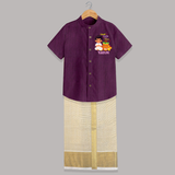 Ugadi Cutie in the House Boy Illustration – Personalized Shirt and Dhoti - GRAPE - 0 - 6 Months Old (Chest-23") (Dhoti length-14")