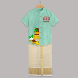 Happy Ugadi – Personalized Kids Festive Shirt and Dhoti - AQUA GREEN - 0 - 6 Months Old (Chest-23") (Dhoti length-14")