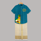 Happy Ugadi – Personalized Kids Festive Shirt and Dhoti - PEACOCK BLUE - 0 - 6 Months Old (Chest-23") (Dhoti length-14")