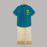 Telugu Ugadi Wishes Kids Shirt & Dhoti with Name - PEACOCK BLUE - 0 - 6 Months Old (Chest-23") (Dhoti length-14")