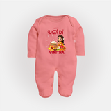 Happy Ugadi Cartoon Girl Theme Kids fullbody Suit - PEACH - New Born (Chest 7.5")