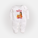 Happy Ugadi Cartoon Girl Theme Kids fullbody Suit - WHITE - New Born (Chest 7.5")