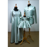 Elegant Sea Green Shimmer Family Outfit Set with Gown for Mom, Ethnic Jacket for Dad, and Puff-Sleeved Frock for Baby Girl