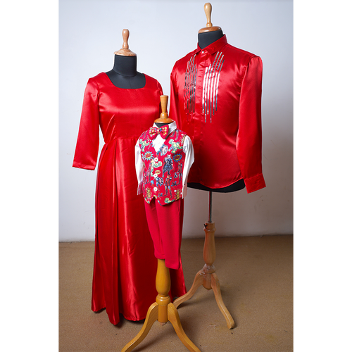 Vibrant Red Satin Family Outfit Set