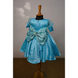Sky Blue Satin Party Dress for Girls Pearl Embellished Birthday & Festive Wear