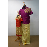Maroon & Gold Father Son Matching Veshti Shirt Combo Traditional Twinning Set