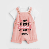 My First Valentine's Day - Love's Sweet Beginning Customized Dungaree Set For Kids With Name - PEACH - 0 - 5 Months Old (Chest 18")